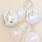 Set 12 Baloane din Folie Metalizata si din Latex, Embo, Model Mr Mrs, Tema Nunta, Baloane Party cu Confetti, 45 cm, 30 cm, Pai inclus, Umflare cu Aer sau Heliu, Alb/Auriu - imagine 10
