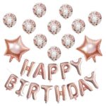 Set 12 Baloane si 1, Set pentru Aniversare, mesaj Happy Birthday, din folie de aluminiu, 30 -45 cm, Cu paiete, latex si folie, Rose Gold