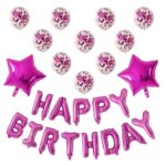 Set 12 Baloane si 1, Set pentru Aniversare, mesaj Happy Birthday, din folie de aluminiu, 30 -45 cm, Cu paiete, latex si folie, Roz