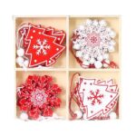 Set 12 Decoratiuni de Craciun din Lemn, Embo, cu Snur pentru Agatare in Brad, Model Brazi si Fulgi de Nea, Alb-Rosu