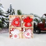 Set 12 Decoratiuni de Craciun din Lemn, Embo, cu Snur pentru Agatare in Brad, Model Brazi si Ingerasi, Alb-Rosu - imagine 5