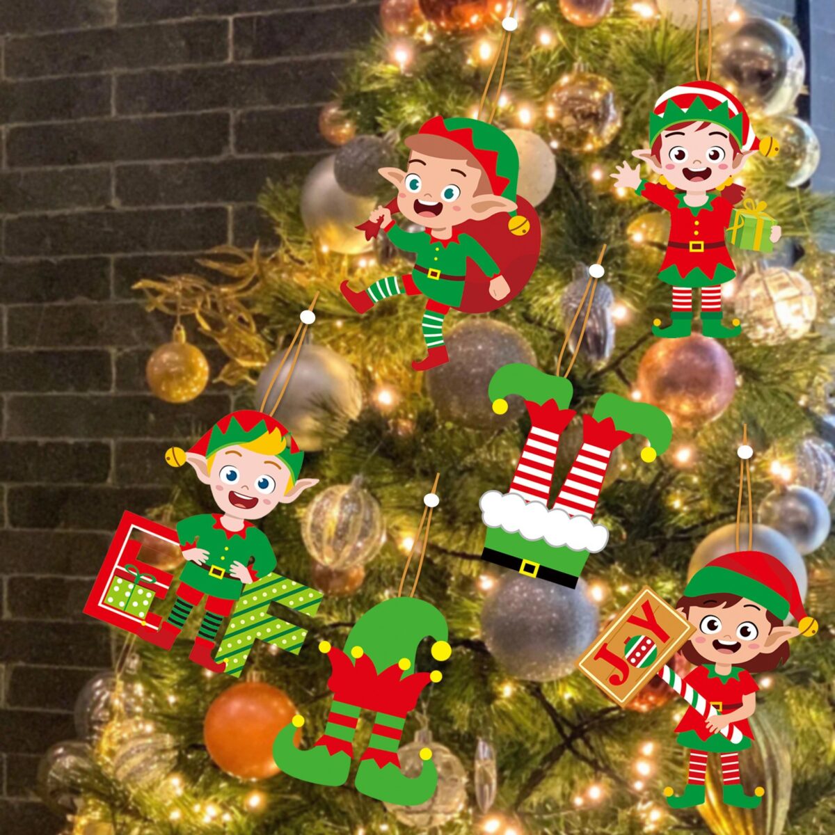 Set 12 Decoratiuni de Craciun din Lemn, Embo, cu Snur pentru Agatare in Brad, Model Caciulite 6.3x5.2 cm si Pantaloni 6.3x6 cm, Multicolor - imagine 6