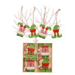 Set 12 Decoratiuni de Craciun din Lemn, Embo, cu Snur pentru Agatare in Brad, Model Caciulite 6.3x5.2 cm si Pantaloni 6.3x6 cm, Multicolor