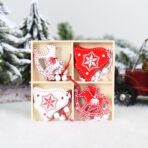 Set 12 Decoratiuni de Craciun din Lemn, Embo, cu Snur pentru Agatare in Brad, Model Caluti si Clopotei, Alb-Rosu - imagine 4