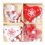 Set 12 Decoratiuni de Craciun din Lemn, Embo, cu Snur pentru Agatare in Brad, Model Caluti si Clopotei, Alb-Rosu
