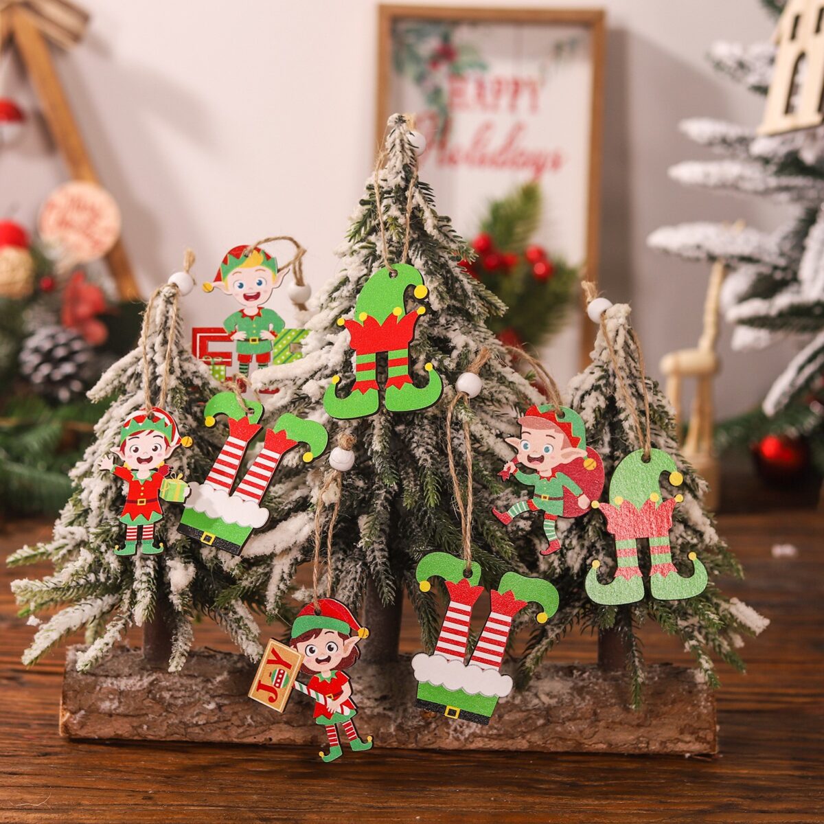 Set 12 Decoratiuni de Craciun din Lemn, Embo, cu Snur pentru Agatare in Brad, Model Elfi Diferite Dimensiuni, 4 Modele, Multicolor - imagine 5
