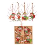 Set 12 Decoratiuni de Craciun din Lemn, Embo, cu Snur pentru Agatare in Brad, Model Elfi Diferite Dimensiuni, 4 Modele, Multicolor