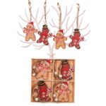 Set 12 Decoratiuni de Craciun din Lemn, Embo, cu Snur pentru Agatare in Brad, Model Prajituri Omuleti, Dimensiuni Diferite, 2 Modele, Multicolor