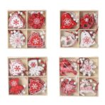Set 12 Decoratiuni de Craciun din Lemn, Embo, cu Snur pentru Agatare in Brad, Model Reni si Fulgi de Nea, Alb-Rosu - imagine 9