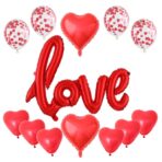 Set 13 Baloane din Folie Metalizata si din Latex, Embo, Figurine Litere si Inima, Model Love, Tema Ziua Indragostitilor, Baloane Party cu Confetti, 102x65cm, 45 cm, 30 cm, Pai Inclus, Umflare cu Aer sau Heliu, Rosu