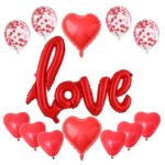 Set 13 Baloane din Folie Metalizata si din Latex, Embo, Figurine Litere si Inima, Model Love, Tema Ziua Indragostitilor, Baloane Party cu Confetti, 102x65cm, 45 cm, 30 cm, Pai Inclus, Umflare cu Aer sau Heliu, Rosu