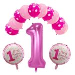 Set 13 baloane, pentru Prima Aniversare, 10 baloane latex, 2 baloane rotunde folie, cifra 1, Roz