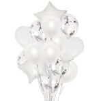 Set 14 Baloane din Folie Metalizată si din Latex, Embo, Figurine Stea si Inima 45 cm, Baloane Latex 30 cm, Tema Buchet, Ambalaj Individual, Pai Inclus, Umflare cu Aer sau Heliu, Argintiu