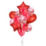 Set 14 Baloane din Folie Metalizată si din Latex, Embo, Figurine Stea si Inima 45 cm, Baloane Latex 30 cm, Tema Buchet, Ambalaj Individual, Pai Inclus, Umflare cu Aer sau Heliu, Rosu
