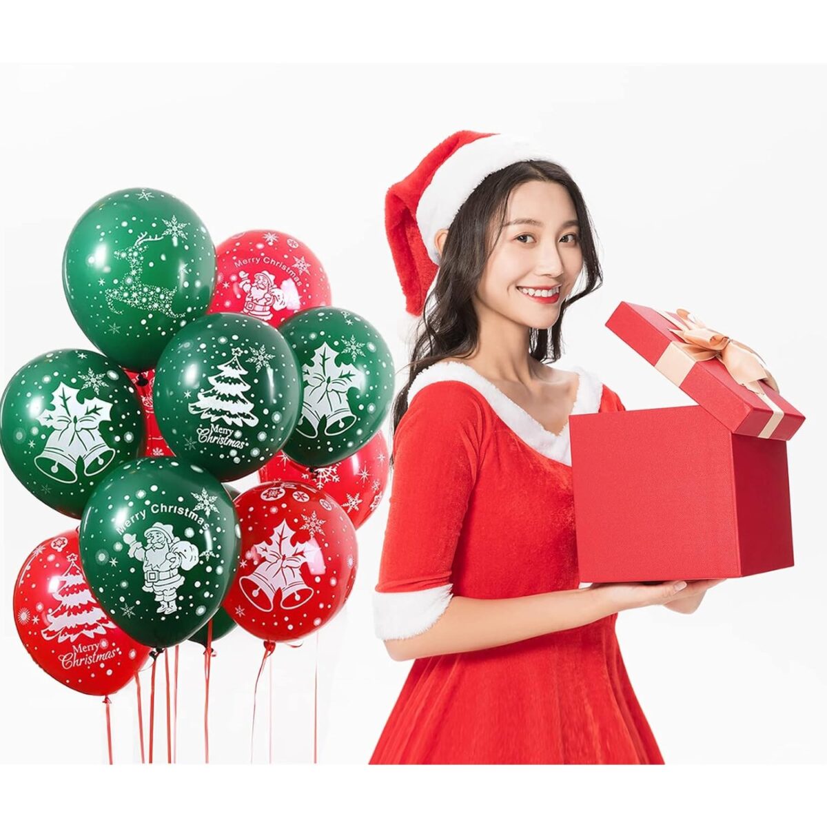 Set 16 Baloane din Latex, Embo, Model Merry Christmas, Tematica Craciun, 25 cm, Verde Rosu - imagine 5