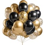Set 16 Baloane din Latex, Embo, Model Party, 30 cm, Auriu, Negru, Confetti, 2.8 g