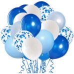 Set 16 Baloane din Latex Metalizate, Embo, Model Party, 30 cm, Alb, Albastru, Albastru Chrome, Transparent Confetti 2.8 g