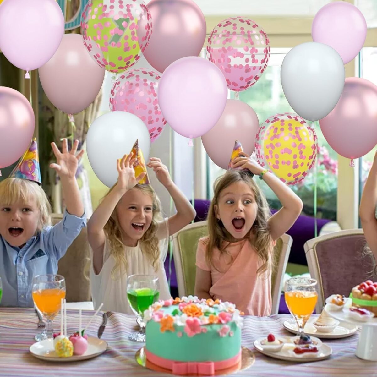 Set 16 Baloane din Latex Metalizate, Embo, Model Party, 30 cm, Alb, Roz, Roz Chrome, Transparent Confetti 2.8 g - imagine 2