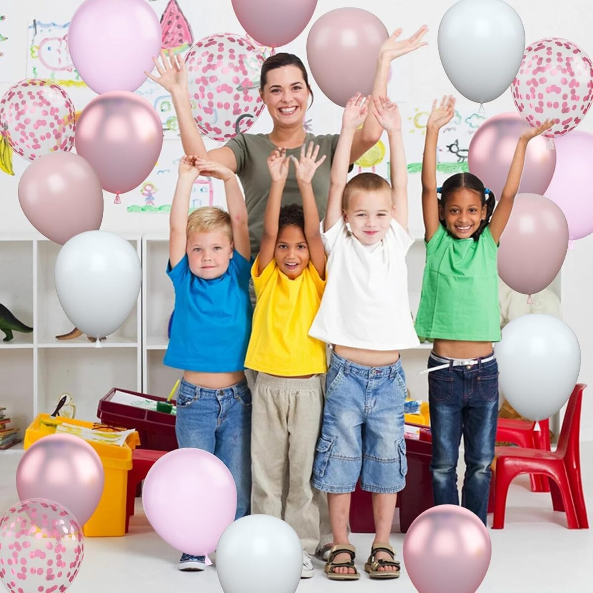 Set 16 Baloane din Latex Metalizate, Embo, Model Party, 30 cm, Alb, Roz, Roz Chrome, Transparent Confetti 2.8 g - imagine 3
