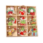 Set 18 Decoratiuni de Craciun din Lemn, Embo, cu Snur pentru Agatare in Brad, Model Grinch, Diferite Dimensiuni, Multicolor