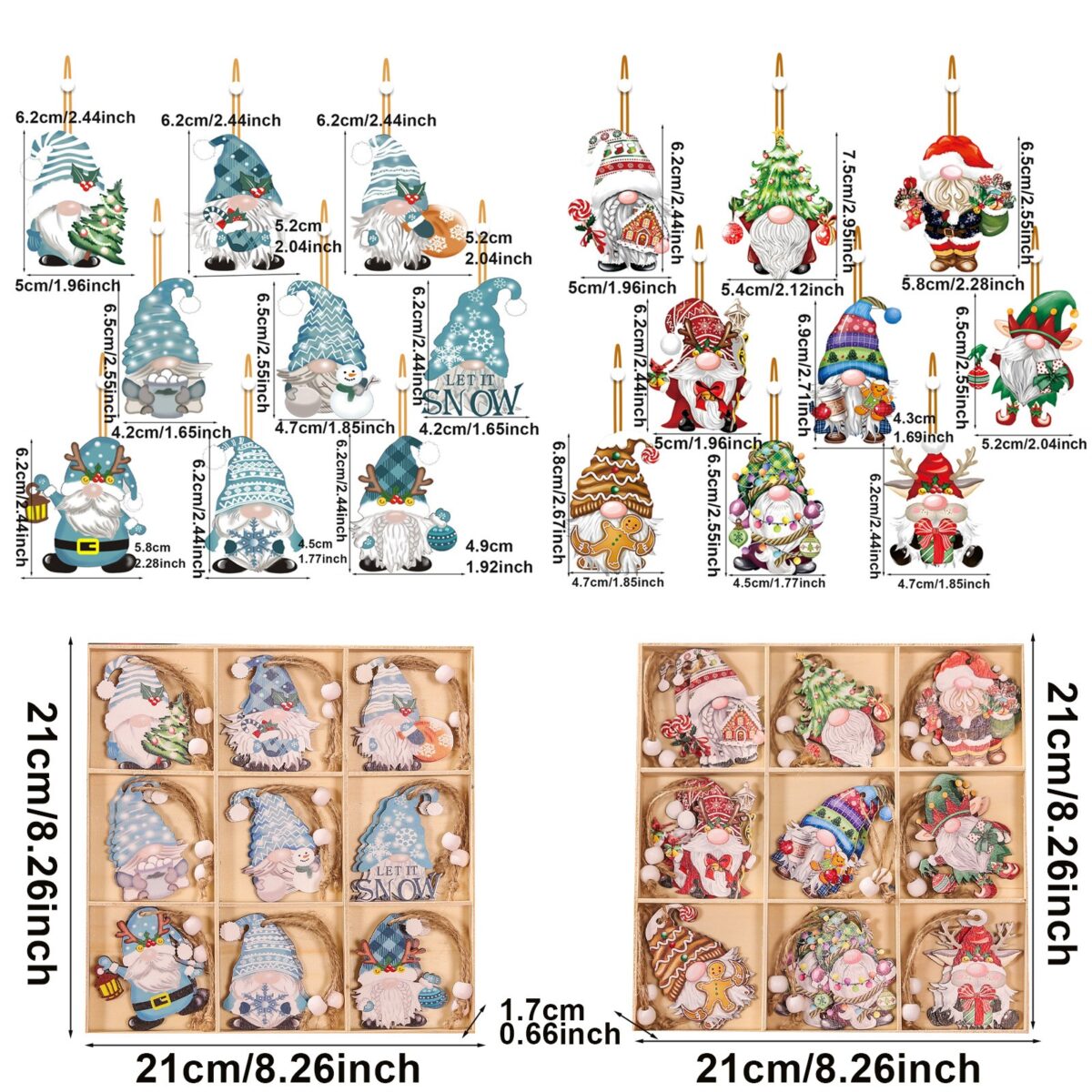Set 18 Decoratiuni de Craciun din Lemn, Embo, cu Snur pentru Agatare in Brad, Model Gnomi, Diferite Dimensiuni, Albastru - imagine 7