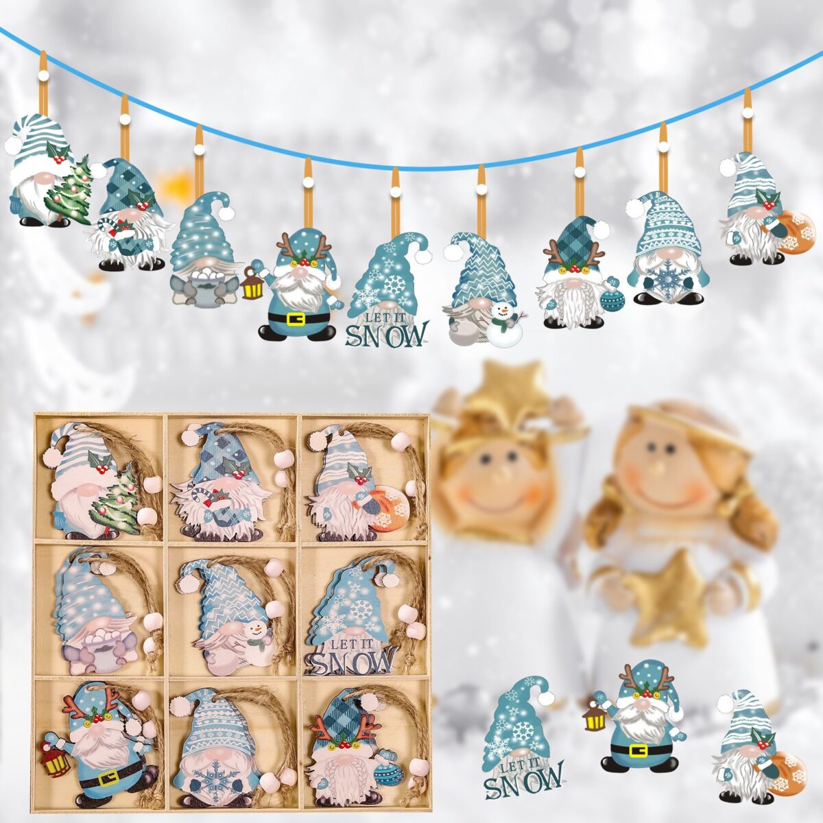 Set 18 Decoratiuni de Craciun din Lemn, Embo, cu Snur pentru Agatare in Brad, Model Gnomi, Diferite Dimensiuni, Albastru - imagine 9