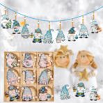 Set 18 Decoratiuni de Craciun din Lemn, Embo, cu Snur pentru Agatare in Brad, Model Gnomi, Diferite Dimensiuni, Albastru - imagine 9