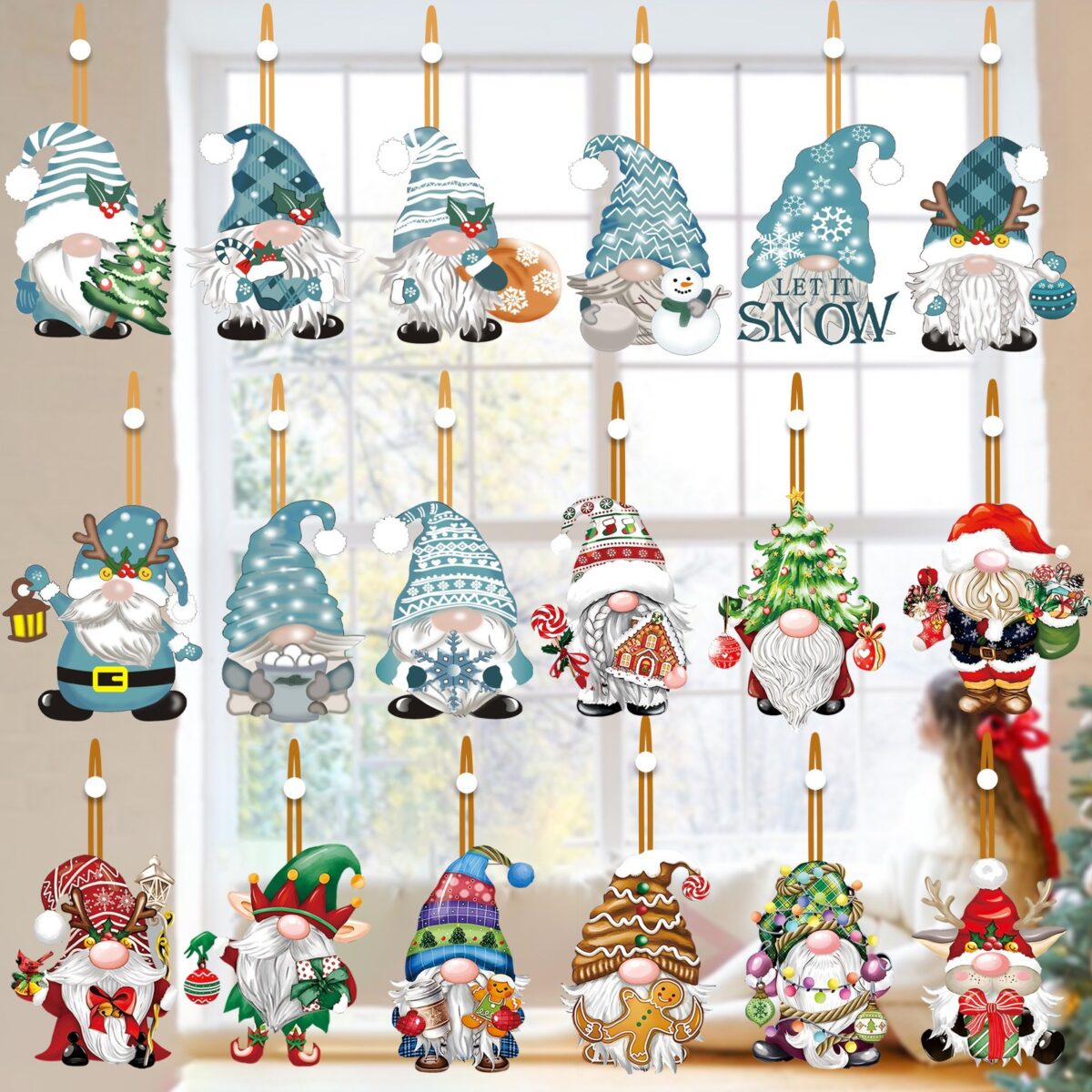 Set 18 Decoratiuni de Craciun din Lemn, Embo, cu Snur pentru Agatare in Brad, Model Gnomi, Diferite Dimensiuni, Albastru - imagine 10