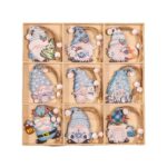 Set 18 Decoratiuni de Craciun din Lemn, Embo, cu Snur pentru Agatare in Brad, Model Gnomi, Diferite Dimensiuni, Albastru