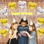 Set 2 Baloane din Folie Metalizata, Embo, Model Inimi, Tema Ziua Indragostitilor, 45 cm, Ambalaj Individual, Pai Inclus, Umflare cu Aer sau Heliu, Argintiu/Auriu - imagine 2