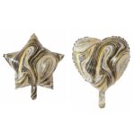 Set 2 Baloane din Folie Metalizata, Embo, Figurine Inima si Stea, Model Marmura, 45 cm, Ambalaj Individual, Pai Inclus, Umflare cu Aer sau Heliu, Bej