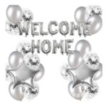 Set baloane folie si latex, Embo, WELCOME HOME, 22 de piese, 20 baloane latex, 2 baloane stea Folie, 1 set Welcome Home, Argintiu