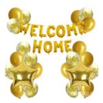 Set baloane folie si latex, Embo, WELCOME HOME, 22 de piese, 20 baloane latex, 2 baloane stea Folie, 1 set Welcome Home, Auriu