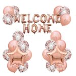 Set baloane folie si latex, Embo, WELCOME HOME, 22 de piese, 20 baloane latex, 2 baloane stea Folie, 1 set Welcome Home, Rose gold metalic