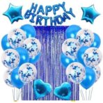 Set 24 de baloane folie si latex, 10 baloane latex simple, 10 bloane latex cu paiete, 4 baloane folie, ribon, 1x2 m perdea, Albastru - imagine 2