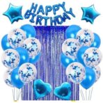 Set 24 de baloane folie si latex, 10 baloane latex simple, 10 bloane latex cu paiete, 4 baloane folie, ribon, 1x2 m perdea, Albastru