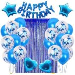 Set 24 de baloane folie si latex, 10 baloane latex simple, 10 bloane latex cu paiete, 4 baloane folie, ribon, 1x2 m perdea, Albastru