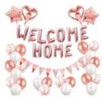 Set baloane folie si latex, Embo, WELCOME HOME, 24 de piese, 20 baloane latex, 4 baloane stea Folie, 1 set Welcome Home, Rose gold metal