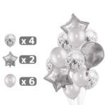 Set 25 de Baloane din Folie Metalizata si Latex, Embo, Figurine 2 Stele, 4 Baloane Confetti, 13 Litere, 6 Latex, Model Happy Birthday, Tema Aniversare, 40 cm, Ambalaj Individual, Pai Inclus, Umflare cu Aer sau Heliu, Argintiu - imagine 2