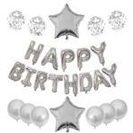 Set 25 de Baloane din Folie Metalizata si Latex, Embo, Figurine 2 Stele, 4 Baloane Confetti, 13 Litere, 6 Latex, Model Happy Birthday, Tema Aniversare, 40 cm, Ambalaj Individual, Pai Inclus, Umflare cu Aer sau Heliu, Argintiu - imagine 3