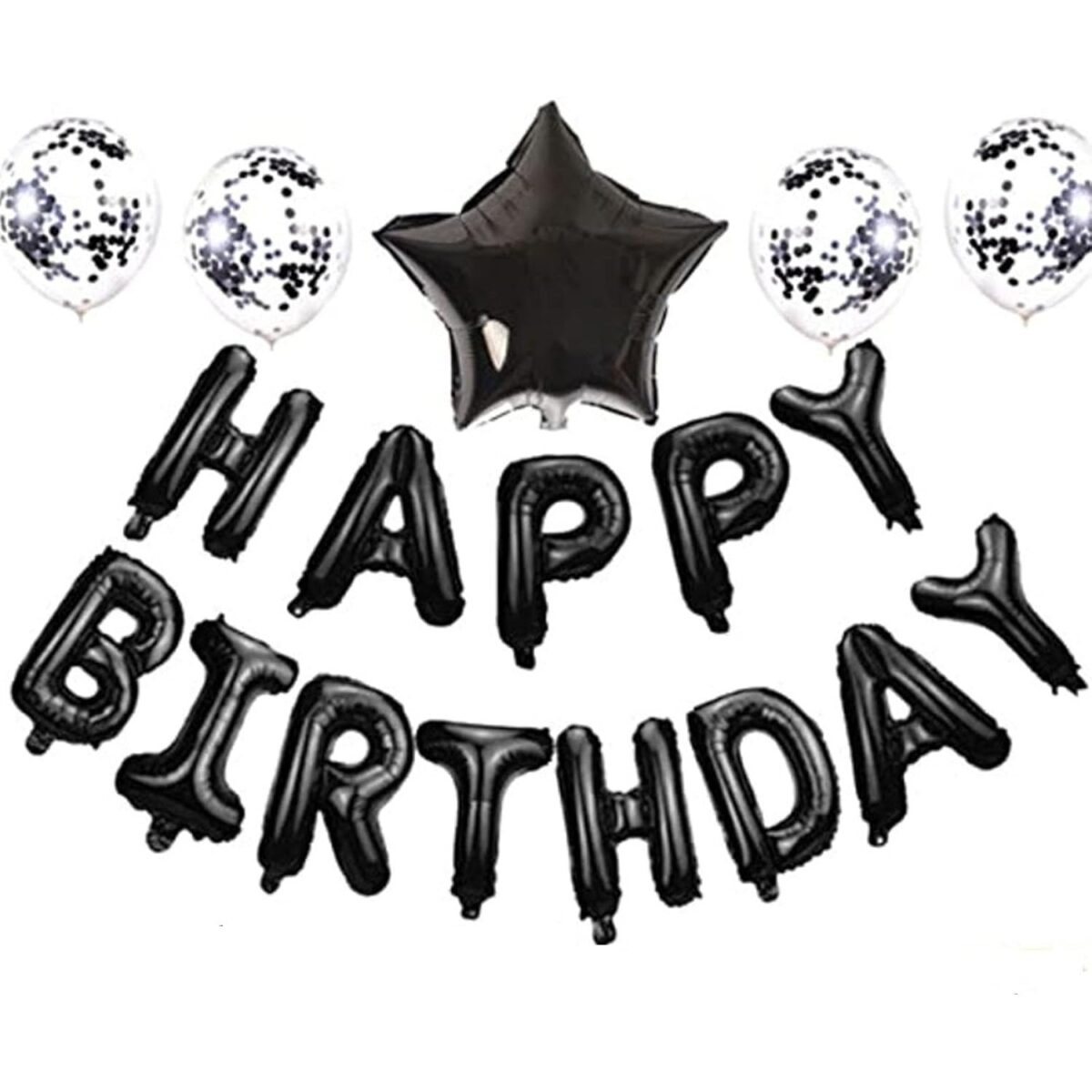 Set 25 de Baloane din Folie Metalizata si Latex, Embo, Figurine 2 Stele, 4 Baloane Confetti, 13 Litere, 6 Latex, Model Happy Birthday, Tema Aniversare, 40 cm, Ambalaj Individual, Pai Inclus, Umflare cu Aer sau Heliu, Negru - imagine 2