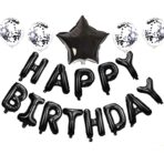 Set 25 de Baloane din Folie Metalizata si Latex, Embo, Figurine 2 Stele, 4 Baloane Confetti, 13 Litere, 6 Latex, Model Happy Birthday, Tema Aniversare, 40 cm, Ambalaj Individual, Pai Inclus, Umflare cu Aer sau Heliu, Negru - imagine 2