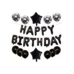 Set 25 de Baloane din Folie Metalizata si Latex, Embo, Figurine 2 Stele, 4 Baloane Confetti, 13 Litere, 6 Latex, Model Happy Birthday, Tema Aniversare, 40 cm, Ambalaj Individual, Pai Inclus, Umflare cu Aer sau Heliu, Negru