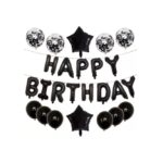 Set 25 de Baloane din Folie Metalizata si Latex, Embo, Figurine 2 Stele, 4 Baloane Confetti, 13 Litere, 6 Latex, Model Happy Birthday, Tema Aniversare, 40 cm, Ambalaj Individual, Pai Inclus, Umflare cu Aer sau Heliu, Negru