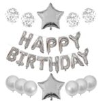 Set 25 de Baloane din Folie Metalizata si Latex, Embo, Figurine 2 Stele, 4 Baloane Confetti, 13 Litere, 6 Latex, Model Happy Birthday, Tema Aniversare, 40 cm, Ambalaj Individual, Pai Inclus, Umflare cu Aer sau Heliu, Argintiu