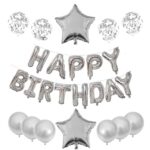 Set 25 de Baloane din Folie Metalizata si Latex, Embo, Figurine 2 Stele, 4 Baloane Confetti, 13 Litere, 6 Latex, Model Happy Birthday, Tema Aniversare, 40 cm, Ambalaj Individual, Pai Inclus, Umflare cu Aer sau Heliu, Argintiu