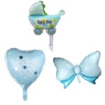 Set 3 Baloane din Folie Metalizata, Embo, Figurine Carucior, Inima, Fundita, Tema Botez, 45 cm, Ambalaj Individual, Pai Inclus, Umflare cu Aer sau Heliu, Albastru