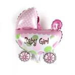 Set 3 Baloane din Folie Metalizata, Embo, Figurine Carucior, Inima, Fundita, Tema Botez, 45 cm, Ambalaj Individual, Pai Inclus, Umflare cu Aer sau Heliu, Roz - imagine 8