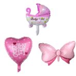 Set 3 Baloane din Folie Metalizata, Embo, Figurine Carucior, Inima, Fundita, Tema Botez, 45 cm, Ambalaj Individual, Pai Inclus, Umflare cu Aer sau Heliu, Roz