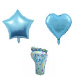 Set 3 Baloane din Folie Metalizata, Embo, Figurine Picior 46x79 cm, Inima 45cm, Stea 45cm, Model It's a Boy, Tema Gender Reveal, Ambalaj Individual, Pai Inclus, Umflare cu Aer sau Heliu, Albastru
